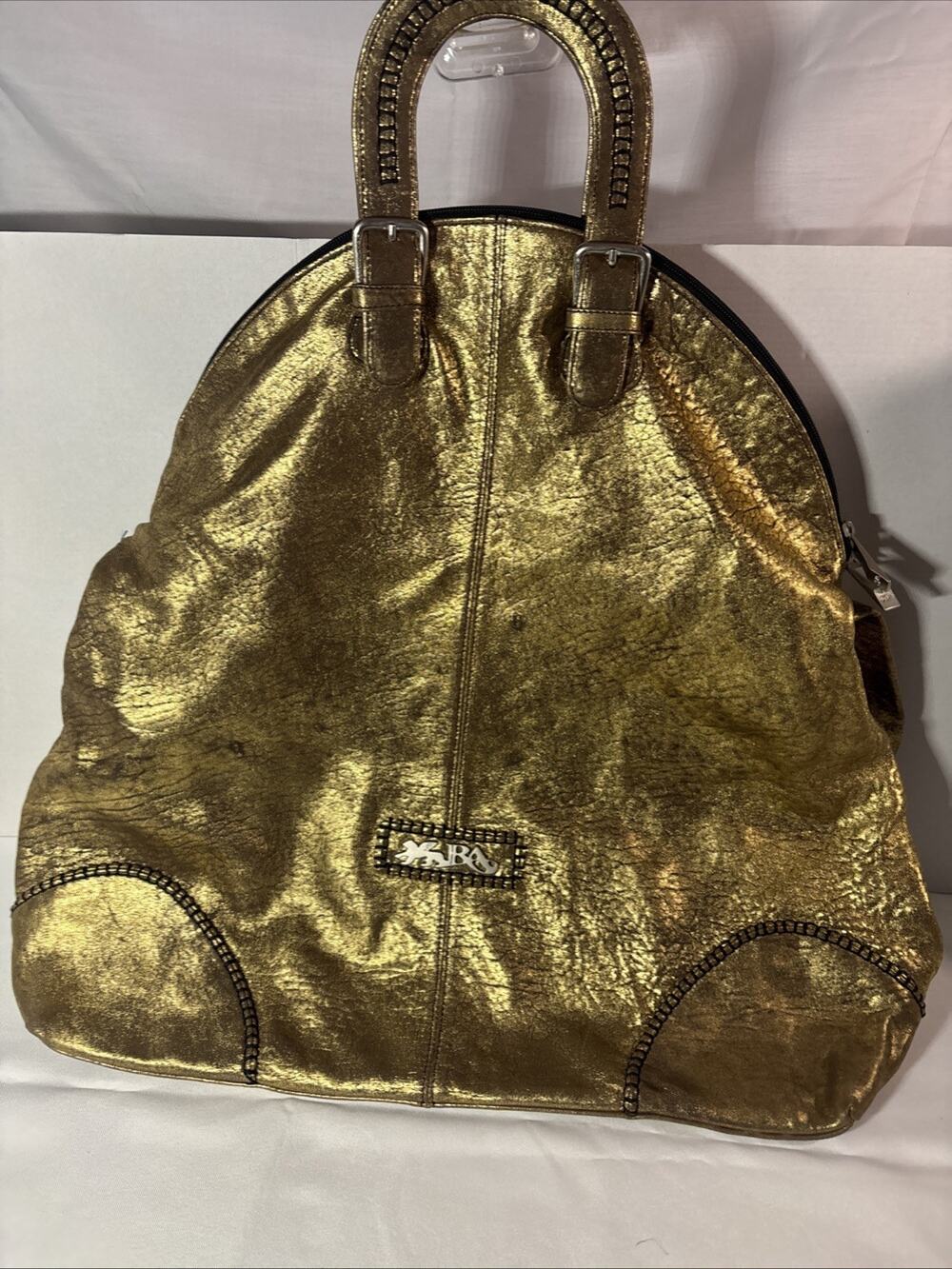 Renato Angi Venezia Italian Metallic Gold Leather 21x18 Tote Shoulder Bag Italy